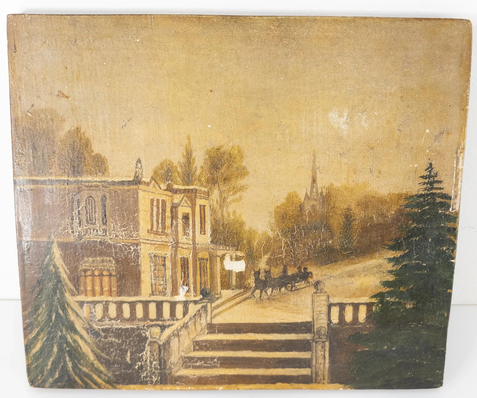 19th Century Folk Art Americana Oil Painting on Wood of Snowy Landscape - 8