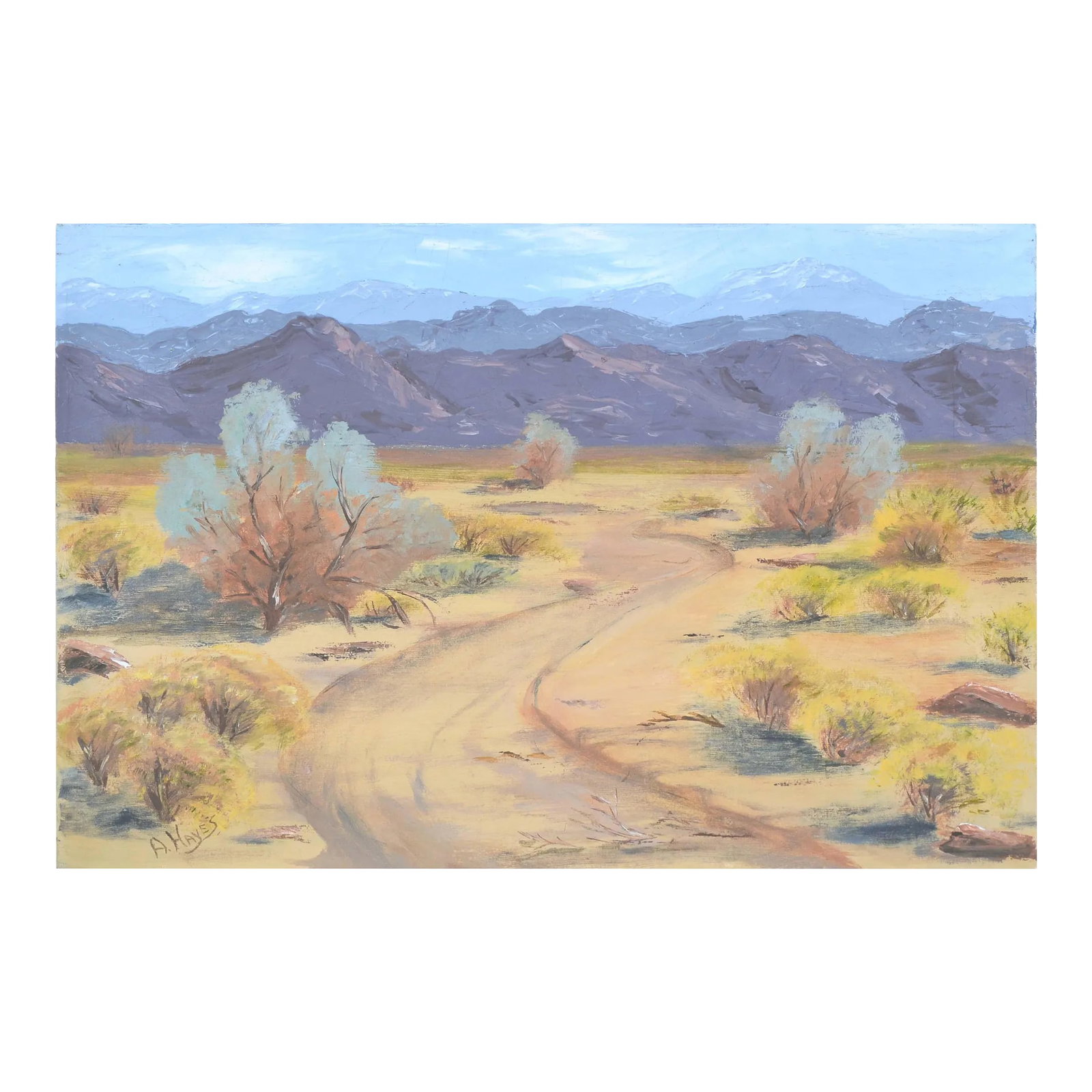 Mid-Century Palm Springs Landscape by Alice v. Hussey Hayes: Gorgeous mid-century landscape of a path winding through a Palm Springs desert scene showcasing the arid ecosystem and distant mountains by Alice V. Hussey Hayes (American, 1907-1968). Signed "A.
