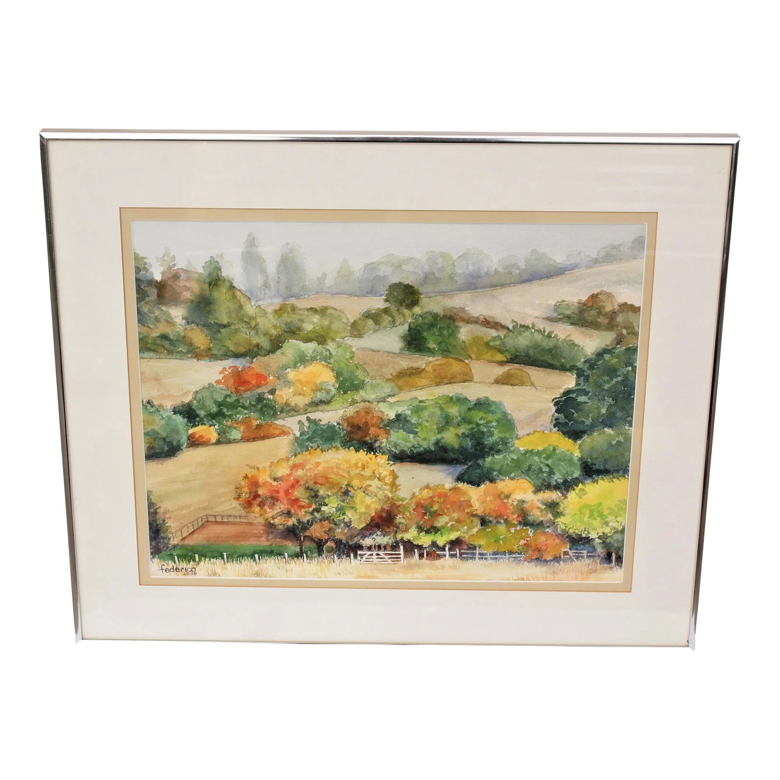 Framed Pastural Watercolor by California Artist Harry Frederico: A framed pastoral watercolor by California artist Harry Federico. Soft colors of green, yellow and tan. Measures overall 24" x 20" and art 18" x 14". Good condition, no damage. BM#10 335 Condition: