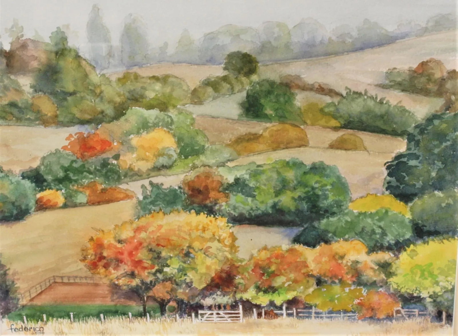 Framed Pastural Watercolor by California Artist Harry Frederico - 2