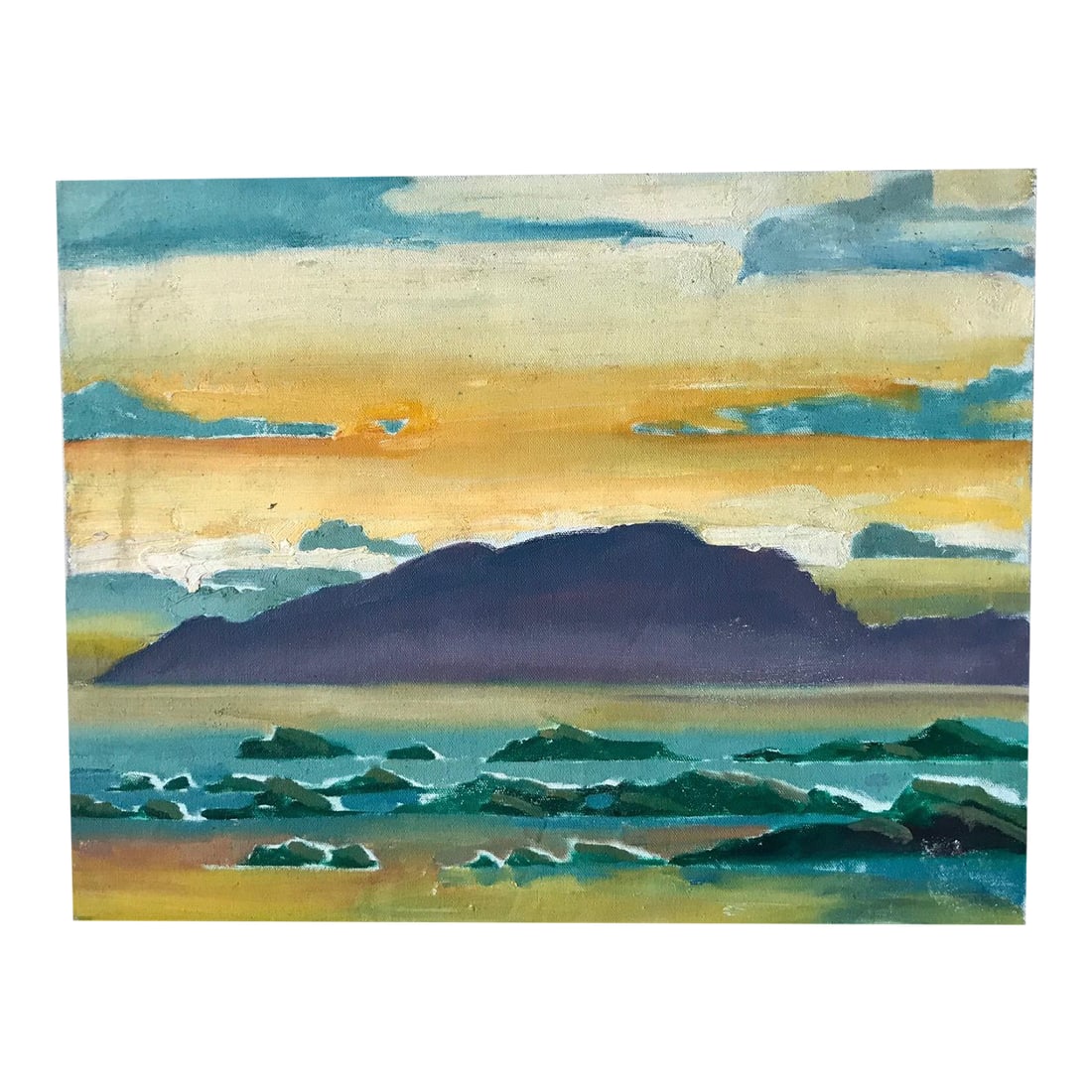 Waves Against a Yellow Sky - Original Oil Painting by David Beynon Pena: Description: Prepare to be transported to the idyllic shores of Costa Rica with "Waves Against a Yellow Sky," a mesmerizing original oil painting by the renowned artist David Beynon Pena. This captiva