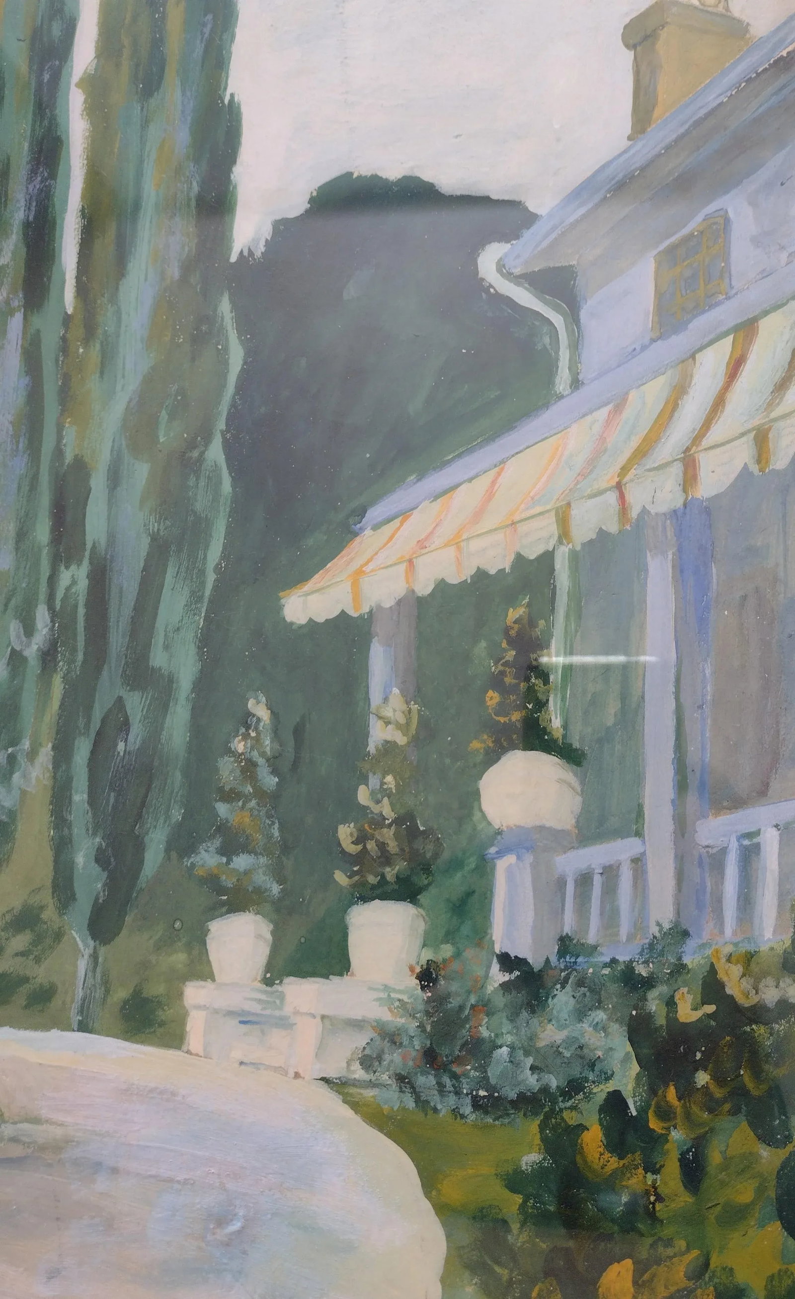Vintage Impressionist House and Trees Green Painting, Framed - 2