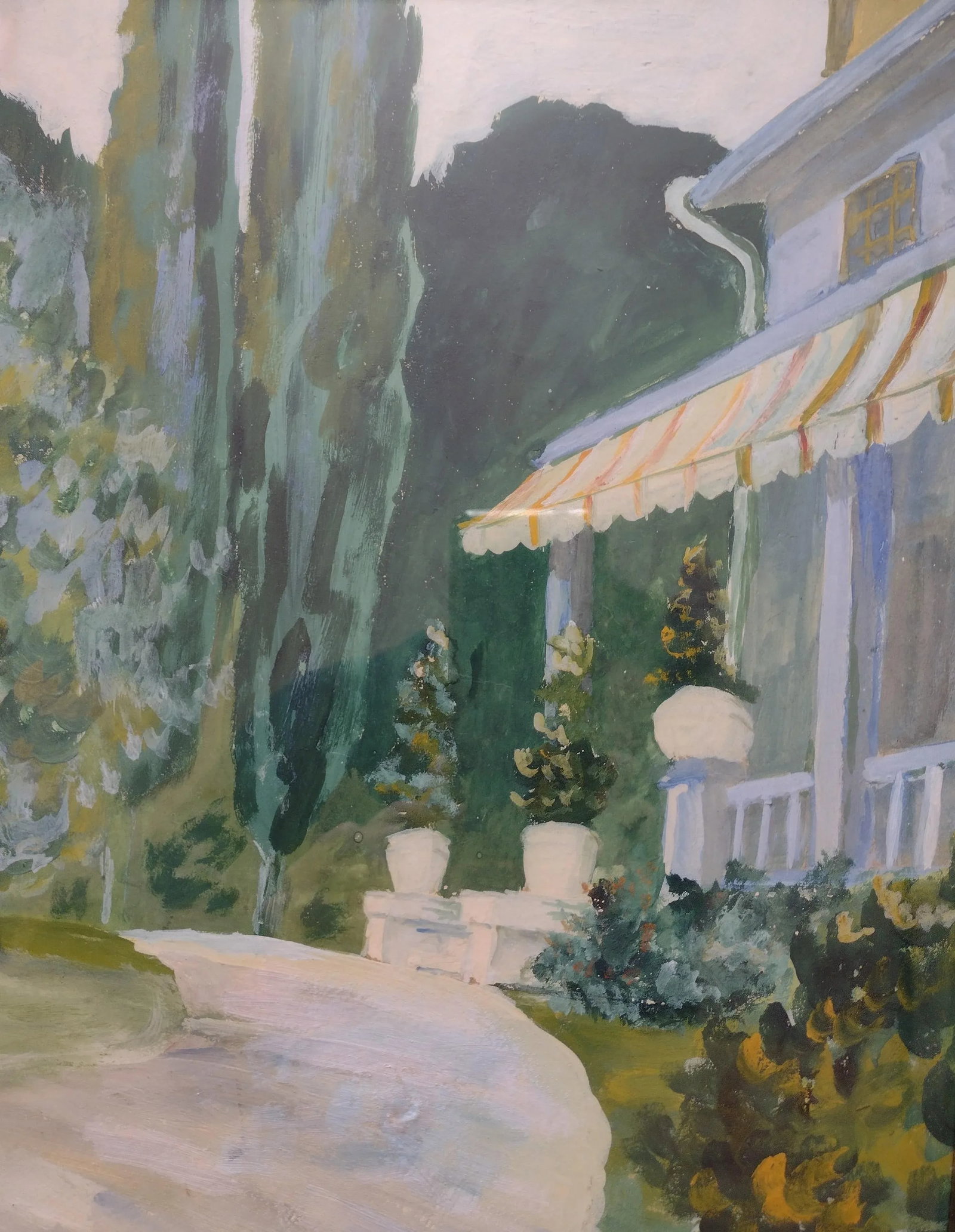 Vintage Impressionist House and Trees Green Painting, Framed - 3