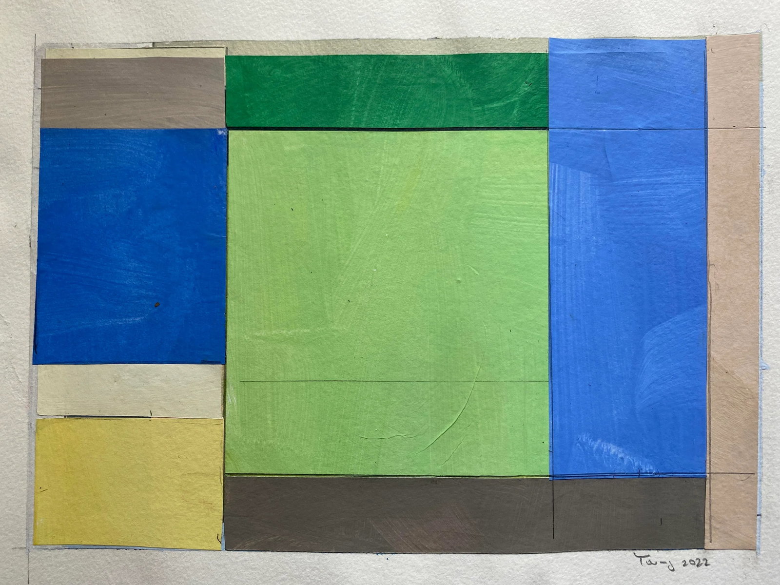 "Lake Series" Contemporary Original Abstract Landscape Acrylic Painting by Bryan Young: Mid Century Modern abstract painting/collage Lake Series 12x9 inches. Image size is 10x7 inches. A white border is left to allow for framing. I photograph work in my studio as it appears when complete