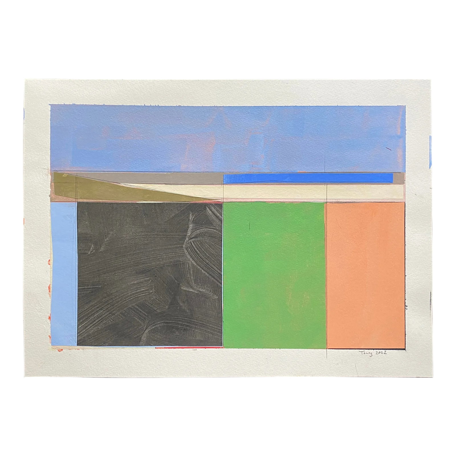 "Lake Series (On Paper)" Contemporary Original Abstract Landscape Acrylic Painting by Bryan Young: Mid Century Modern abstract painting/collage This is part of my Lake Series and measures 11x15 inches. Image size is 9x13 inches. A white border is left to allow for framing. I photograph work in my s