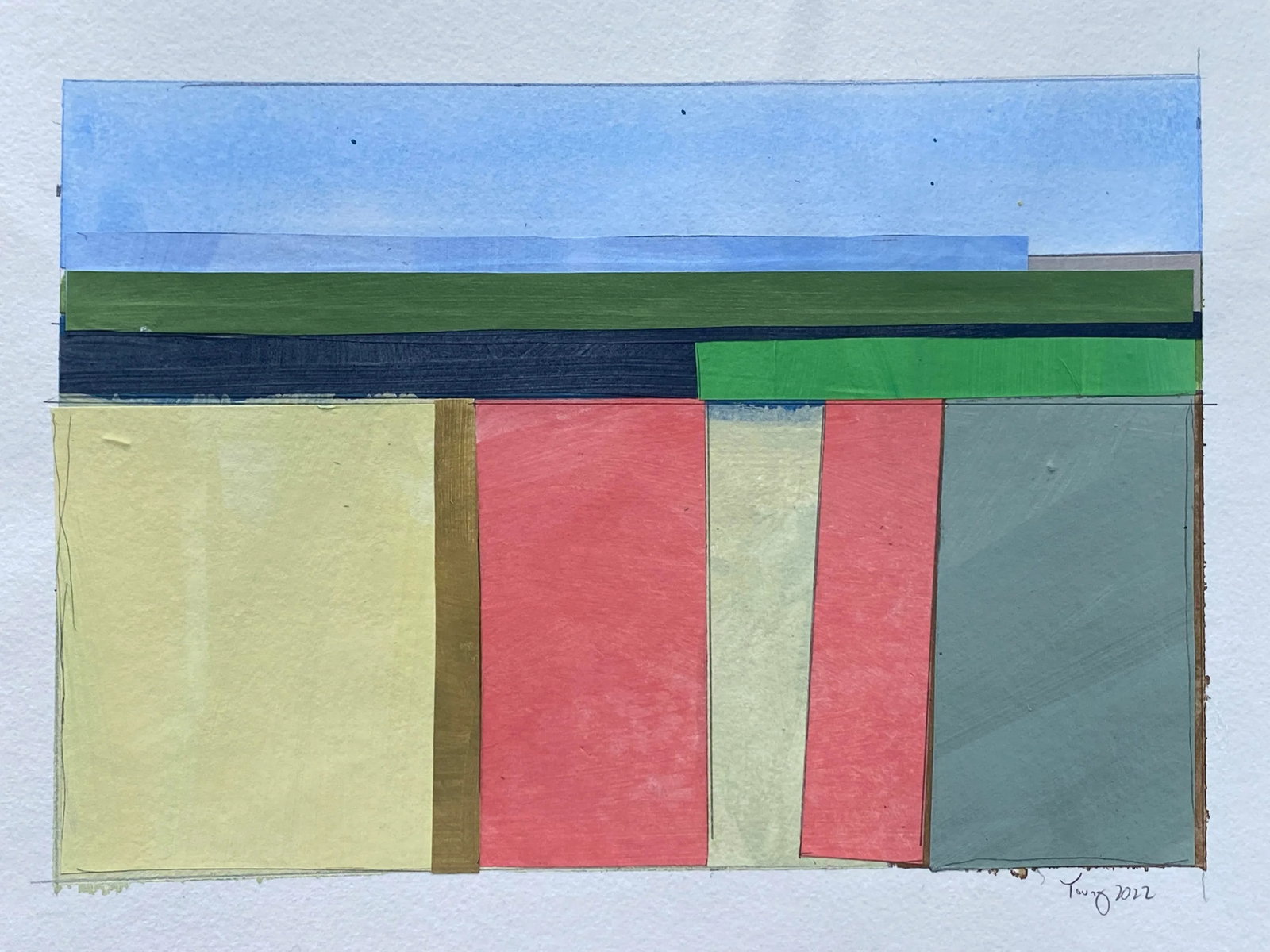 "Lake Series" Contemporary Original Abstract Landscape Acrylic Painting by Bryan Young: Mid Century Modern abstract painting/collage Lake Series 12x9 inches. Image size is 10x7 inches. A white border is left to allow for framing. I photograph work in my studio as it appears when complete