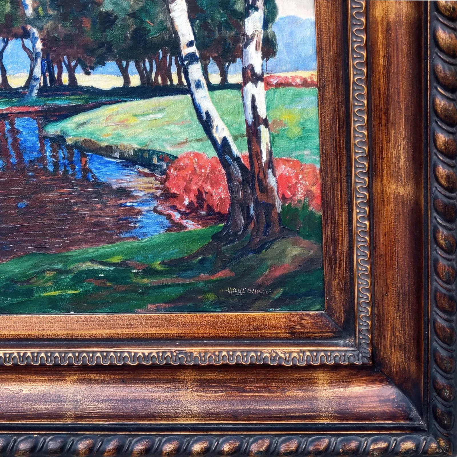 Signed Expressionist Framed Oil Painting Depicting Fall Country Brook in Vivid Colors Circa 1970s - 5
