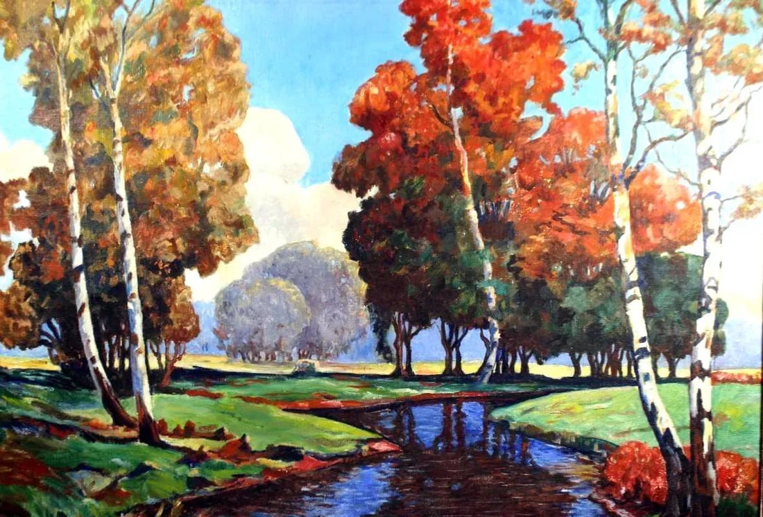 Signed Expressionist Framed Oil Painting Depicting Fall Country Brook in Vivid Colors Circa 1970s - 6