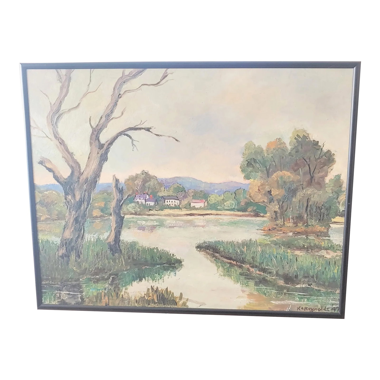 1947 Impressionist Signed Landscape Oil on Board Painting, Framed: Here's a nice signed oil on board painting from 1947 that features a landscape and lake. This Plein Air painting was created at Collins Lake, Scotia, New York, a small village next to Schenectady,