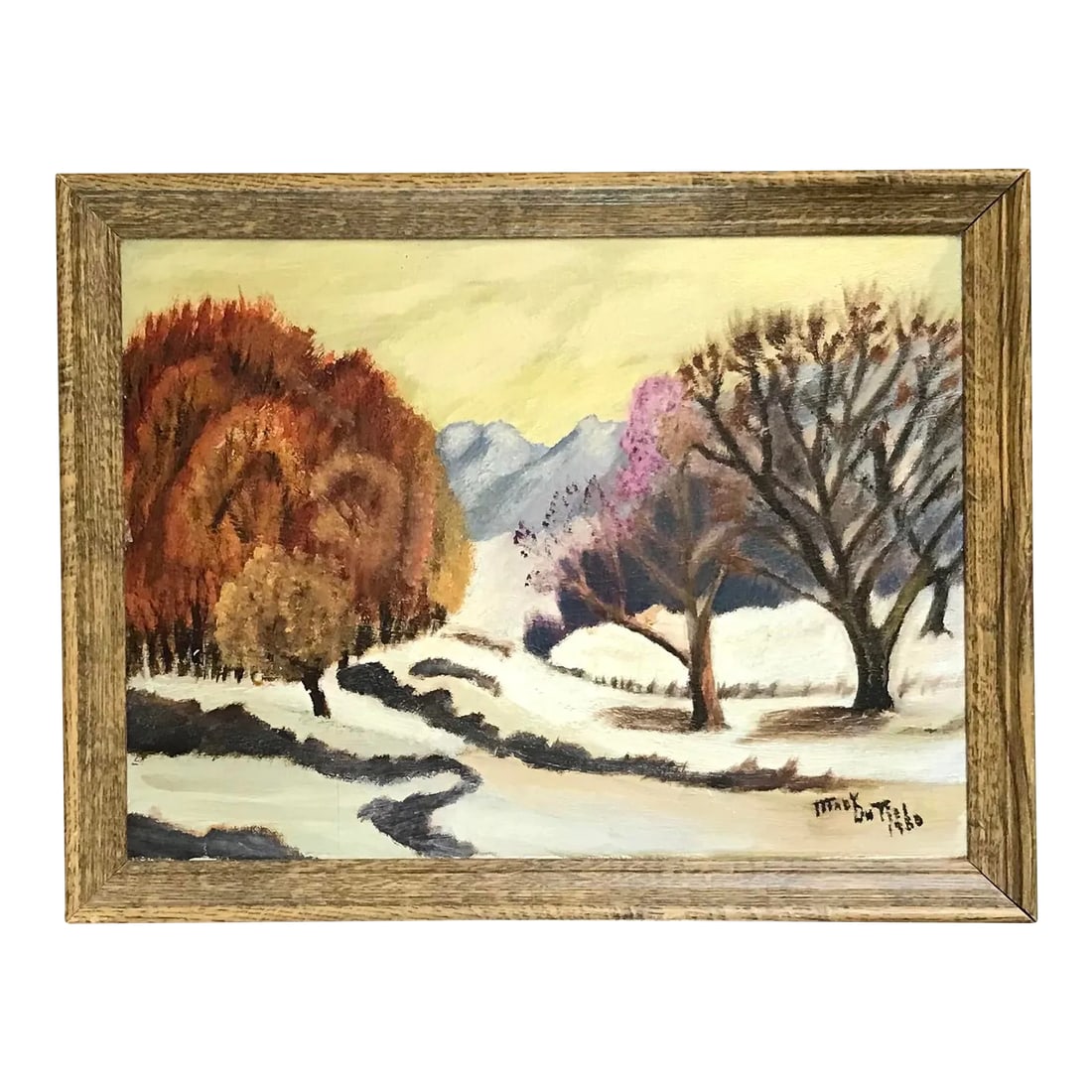 1980 Mary Dutiel Winter Scene Primitive Oil Painting on Canvas Board, Framed: Artist - Mary Dutiel Title - Winter Scene Signed - Lower right Year - 1980 on front (1975 on reverse) Medium - Oil on canvas board Frame - Wooden frame Artwork Dimensions - 12" x 16" Style -