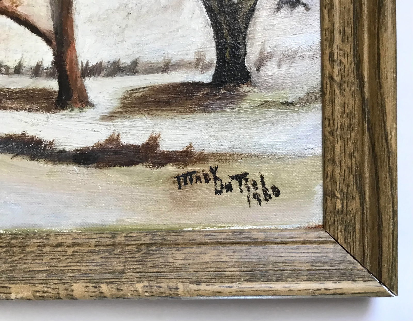 1980 Mary Dutiel Winter Scene Primitive Oil Painting on Canvas Board, Framed - 3