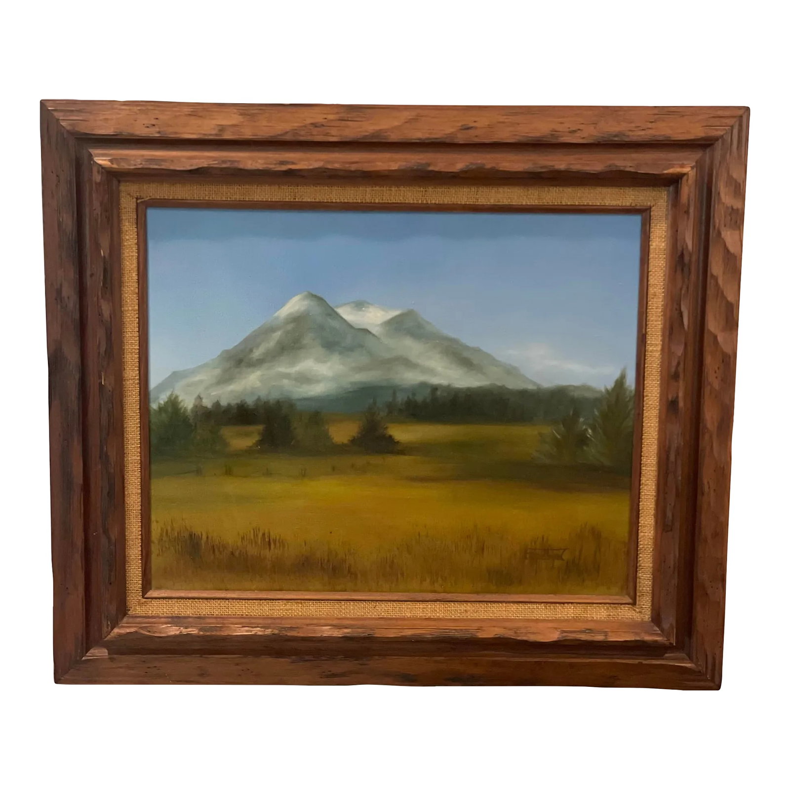 Mid 20th Century Original Signed Painting of a Mountain Range and Field: Original Signed Painting of a Mountain Range and Field, signed front and back by Kathy Foreman. Condition: Alterations: Original Condition Unaltered Imperfections: Some Imperfections Condition Notes: