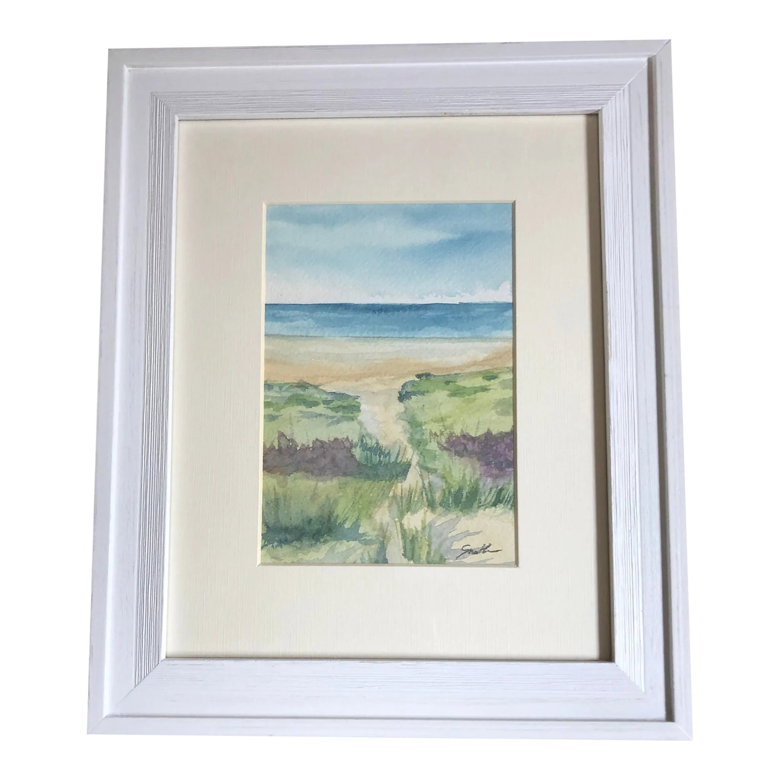 "Path to the Beach" Signed Original Framed Watercolor Seascape by Nancy Smith: From my own reference. The best path is the one with a beach at the end. Matted and professionally framed in a white frame for that beachy feel. Condition: Imperfections: No Imperfections Condition
