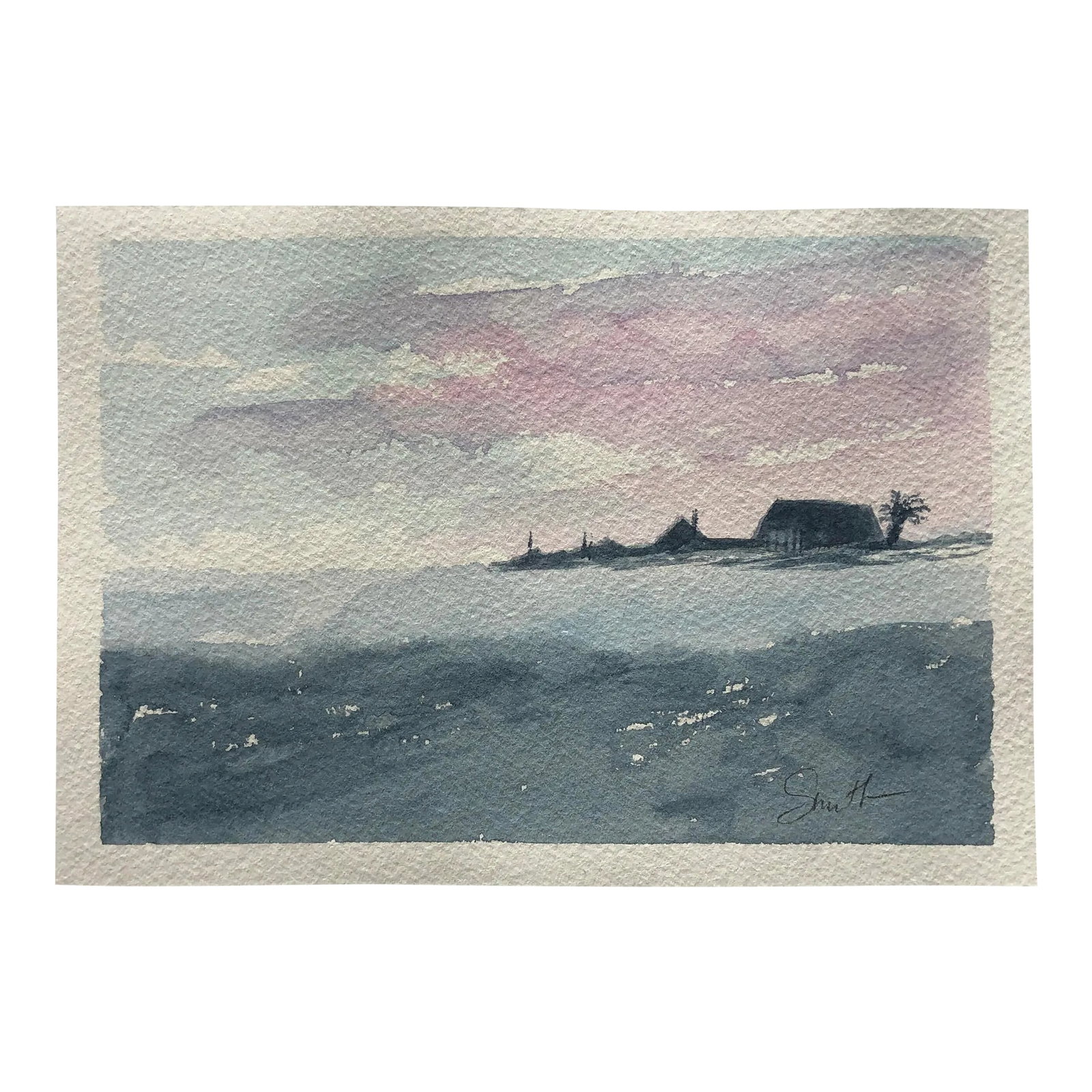 "As Day Wanes" Signed Original Watercolor Painting by Nancy Smith: Subtle silhouette of an island against a pink and blue backdrop as day wanes. Standard size. Signed and ready to frame. Condition: Imperfections: No Imperfections Condition Notes: New art ready to