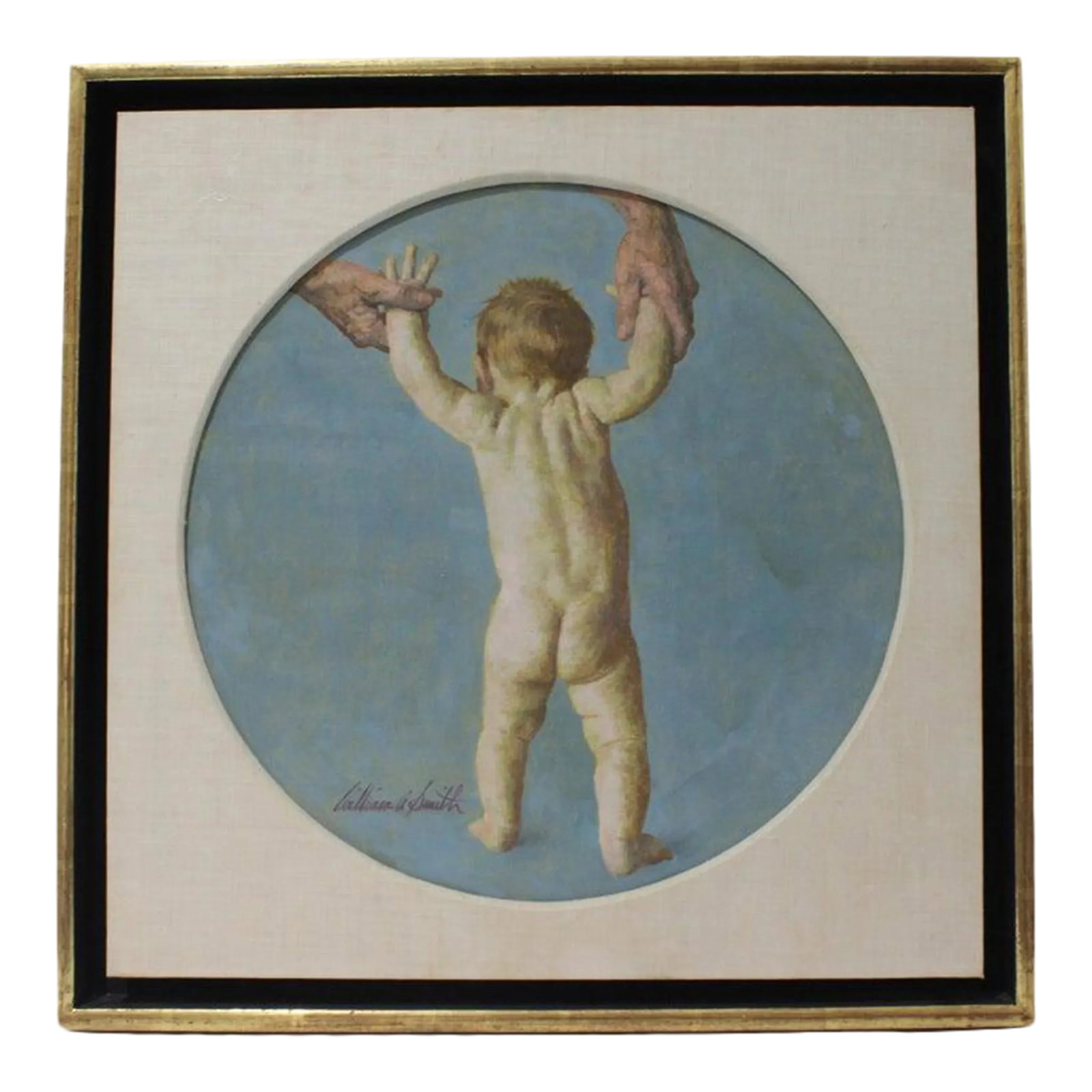 William a Smith Oil Painting of a Baby: This charming painting was probably a private commission to celebrate a child's first steps, or perhaps for a magazine illustration. William A. Smith (American) b1918-d1989 FYI: Artist William A.