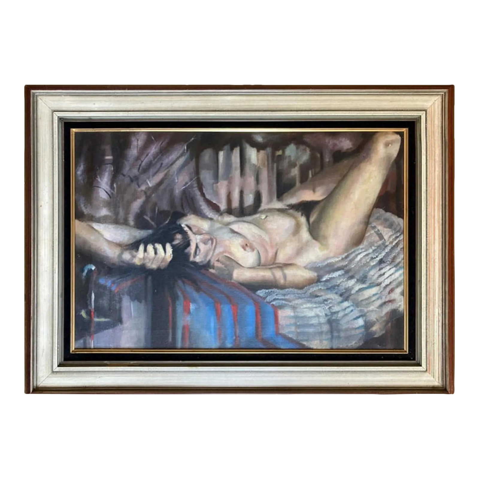Mid 20th Century "Resting Nude" Framed Oil Portrait Painting by James Wallace: A gorgeous nude from 1969 by James Wallace, showing masterful foreshortening (very difficult to pull off this convincingly) and beautifully sensual. One tiny repair visible on back corner and not