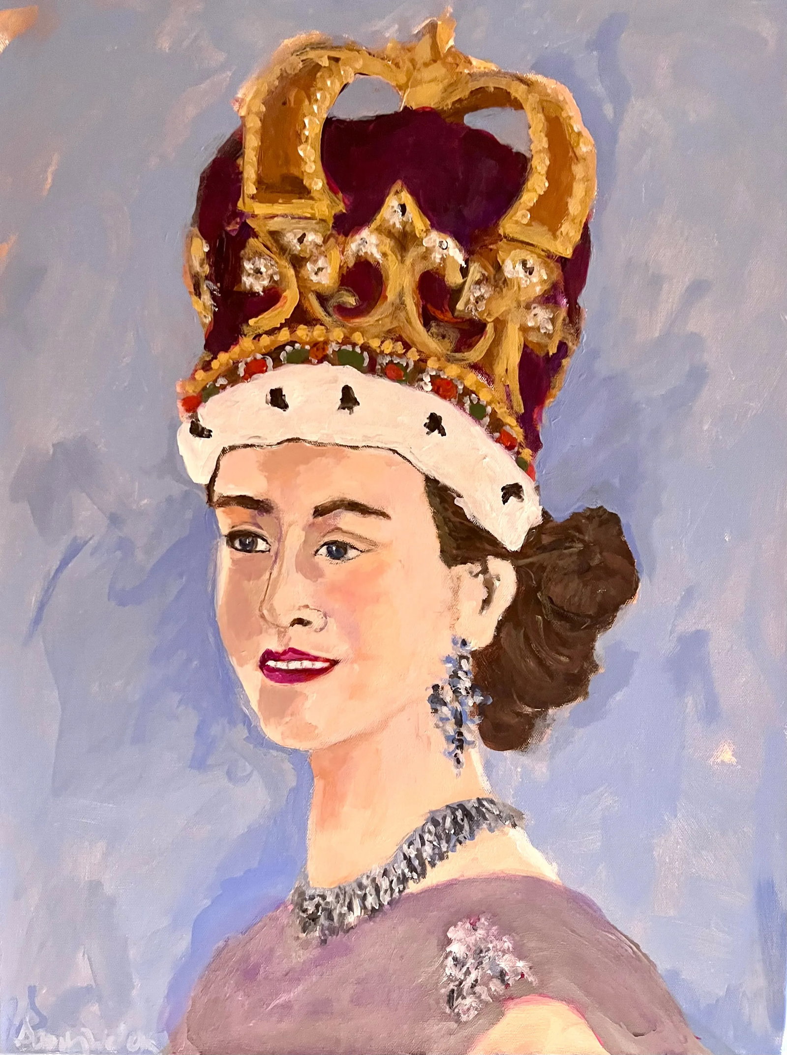 Young Queen Elizabeth Painting: Queen Elizabeth in her youth ..painterly and colorful...just as she was. What a wonderful way to remember her by...a true inspiration!!! (in every way) Condition: Imperfections: No Imperfections