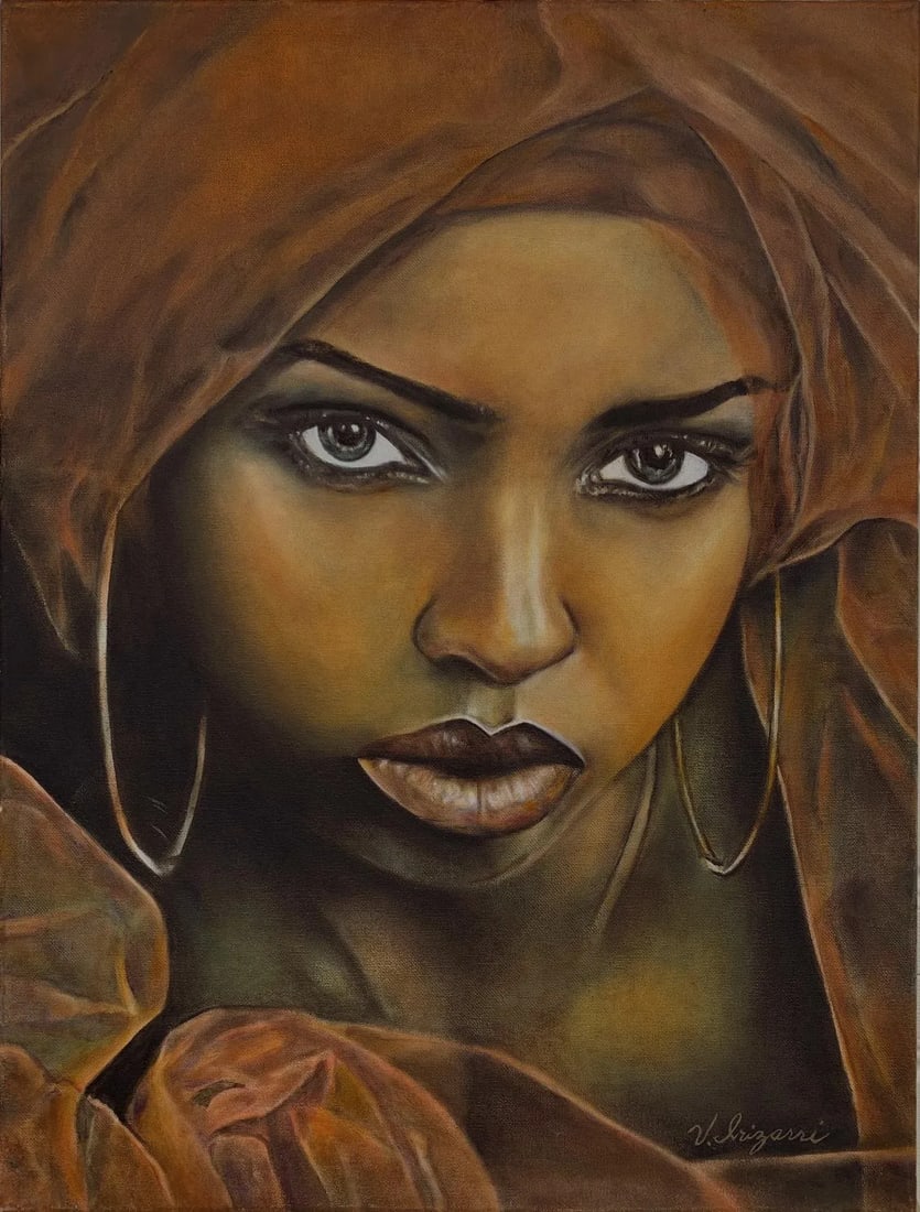 Contemporary Realist Portrait Oil Painting of a Dancer by Vivianna Irizarri: This wonderful original, contemporary portrait oil painting is of an exotic dancer. A beautiful woman surrounded by a sheer shawl in umber earth tones. Magnificent facial expression of confidence and