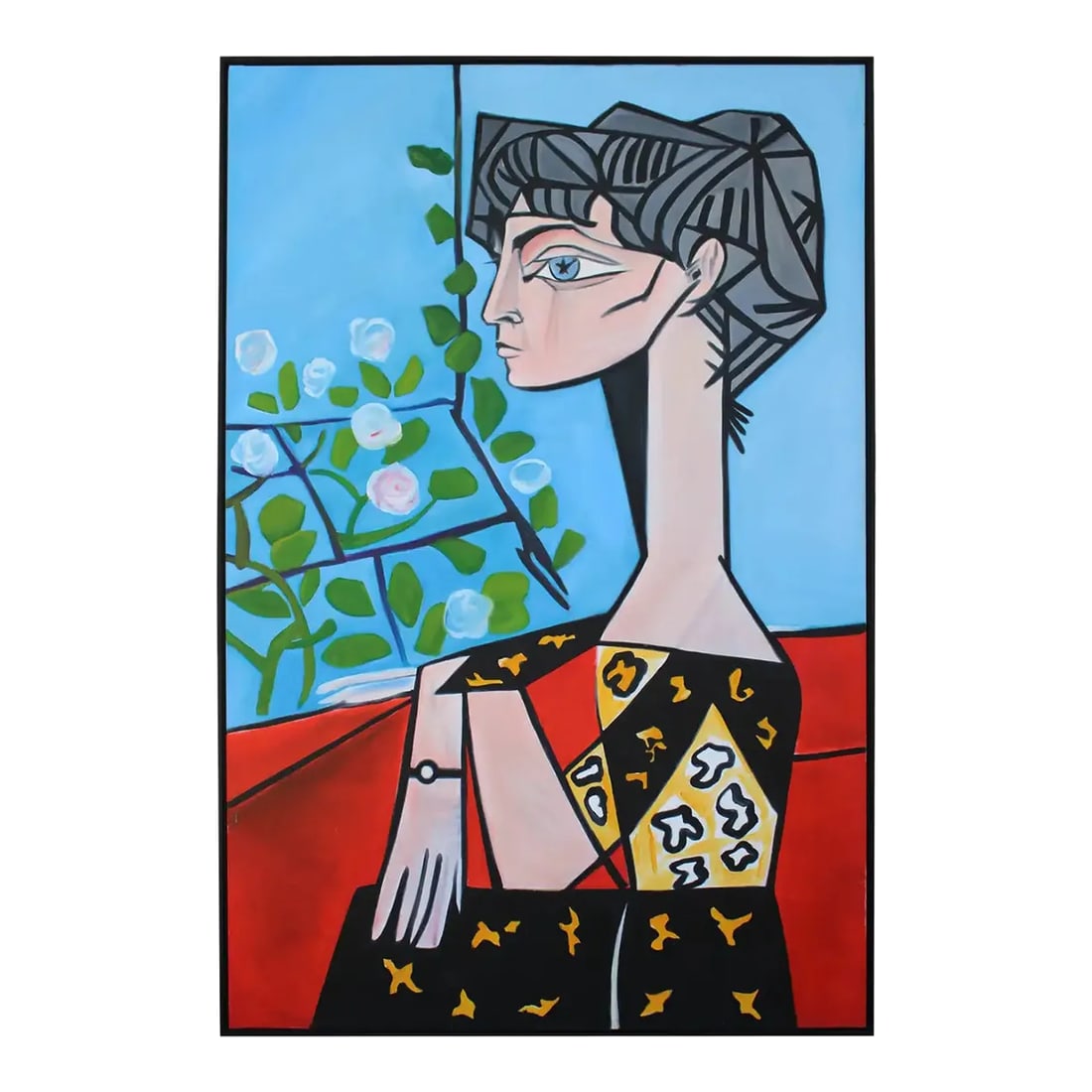 1980s Cubist Portrait Oil Painting on Canvas by Sharon Ross, Framed: Monumental picassoesque painting on canvas signed Sharon Ross. Painting measures 44" wide, 2.25" deep and 68.5" high. We had a black floater frame added to frame this incredible painting. Condition: