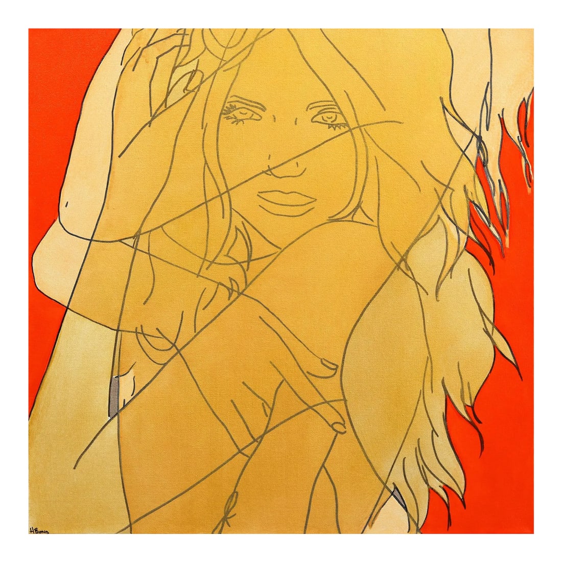 "Untitled (Fire III)" Contemporary Original Minimalist Figurative Painting by Hilary Bond: In bold, acrylic line paintings, US artist Hilary Bond depicts the heads and torsos of women, often repeating the image in overlapping compositions. Her contemporary groups of pop culture portraits