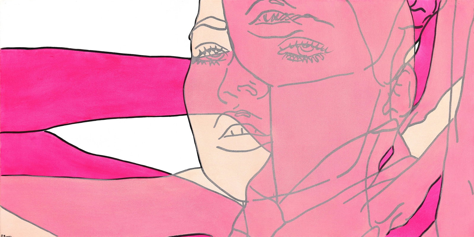 "Untitled (Pinks XV)" Contemporary Original Minimalist Figurative Painting by Hilary Bond: In bold, acrylic line paintings, US artist Hilary Bond depicts the heads and torsos of women, often repeating the image in overlapping compositions. Her contemporary groups of pop culture portraits