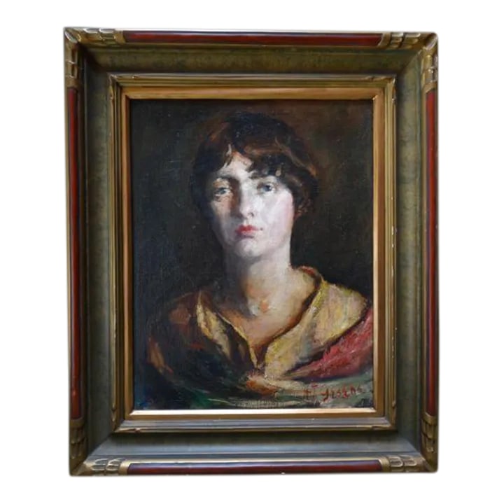 Early 20th Century Portrait Oil Painting of a Young with Short Hair, Framed: Haunting portrait of a young woman circa 1920s, stylish bob, aesthetic dress.. Oil on canvas. Image 16''w x 20''h, with frame 22''w x 27''h. Condition: Alterations: Original Condition Unaltered