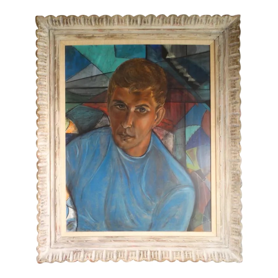 Mid 20th Century "Portrait of a Young Man" Oil Painting on Board by James Hueter, Framed: An elegant work by a distinguished California modernist. And we think it's an early self portrait. A cryptic notation on the back "Head Behind - pencil" and the artist's name joins other notes of exhi