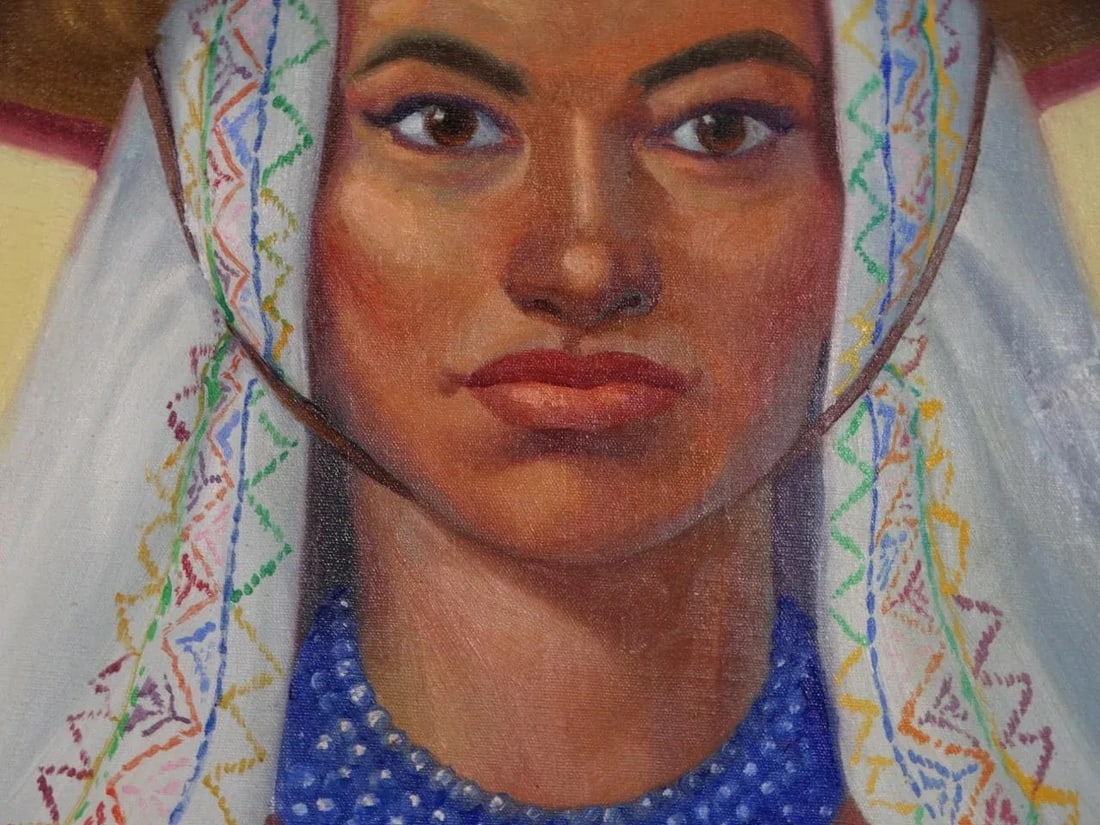 Mid 20th Century Alfonso Tirado Portrait Oil Painting of a Mexican Woman in Traditional Costume - 10