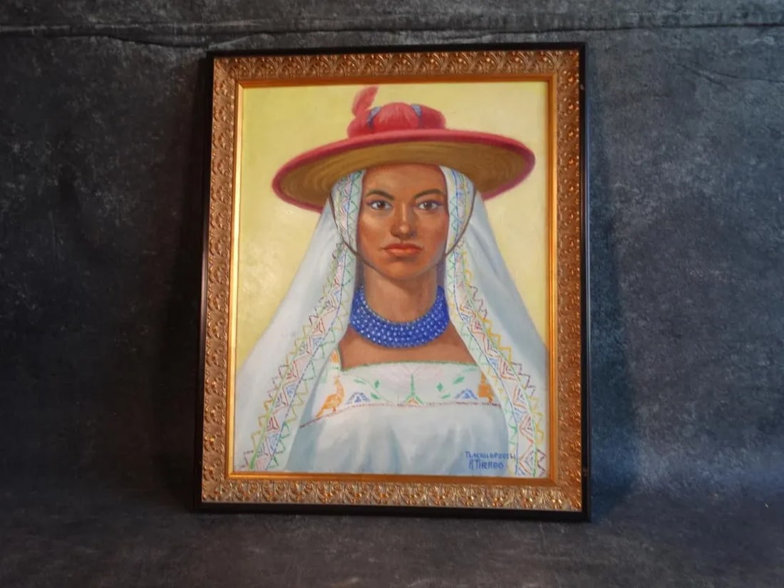 Mid 20th Century Alfonso Tirado Portrait Oil Painting of a Mexican Woman in Traditional Costume - 11