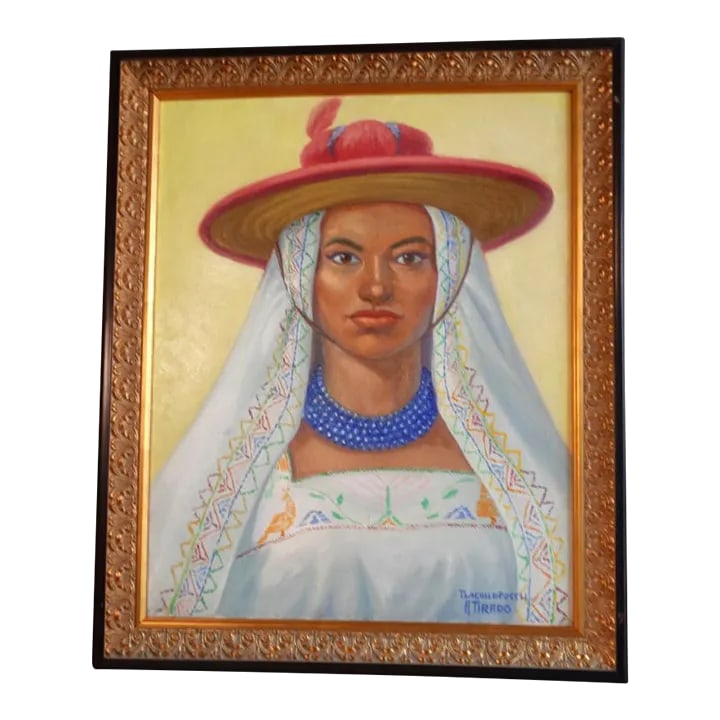 Mid 20th Century Alfonso Tirado Portrait Oil Painting of a Mexican Woman in Traditional Costume: Absolutely wonderful head-on portrait, with a modern freshness that belies its subject. It does better than that even: it makes the traditional utterly contemporary. We love its boldness. And her