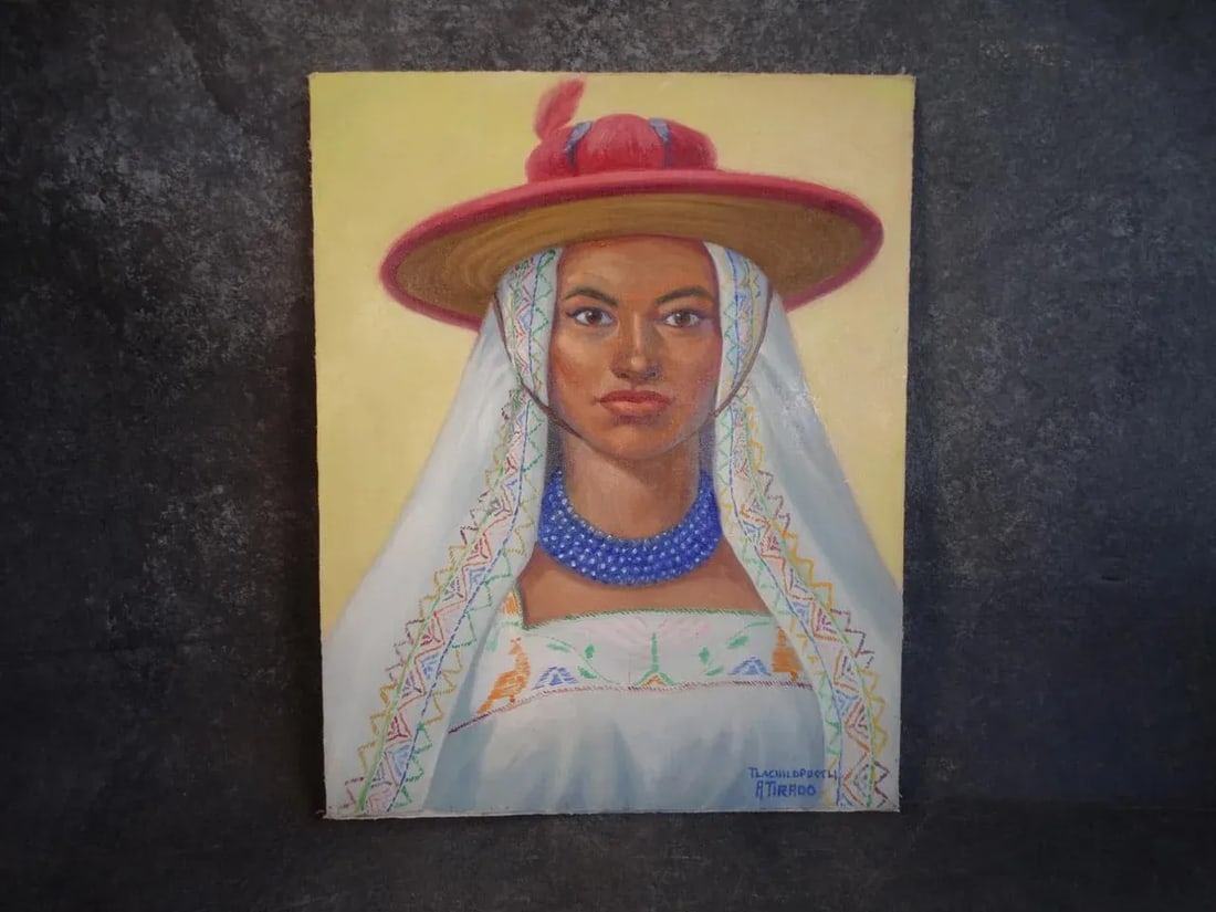 Mid 20th Century Alfonso Tirado Portrait Oil Painting of a Mexican Woman in Traditional Costume - 2