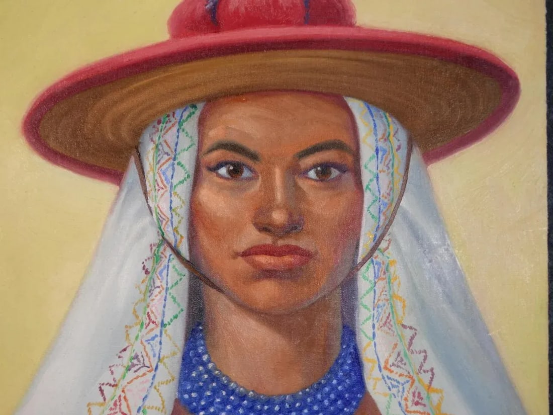 Mid 20th Century Alfonso Tirado Portrait Oil Painting of a Mexican Woman in Traditional Costume - 3