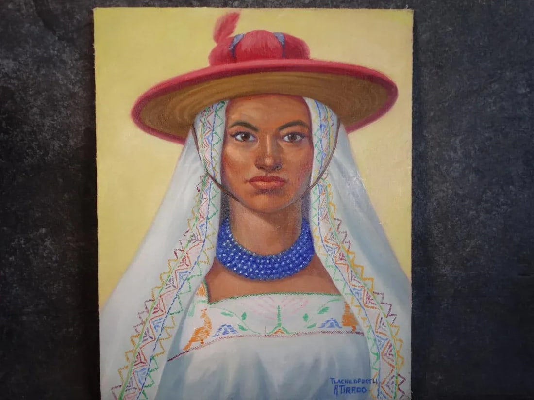 Mid 20th Century Alfonso Tirado Portrait Oil Painting of a Mexican Woman in Traditional Costume - 4