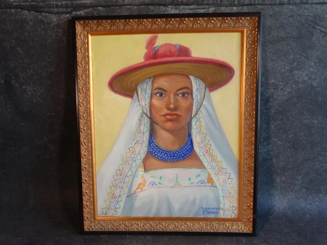 Mid 20th Century Alfonso Tirado Portrait Oil Painting of a Mexican Woman in Traditional Costume - 6