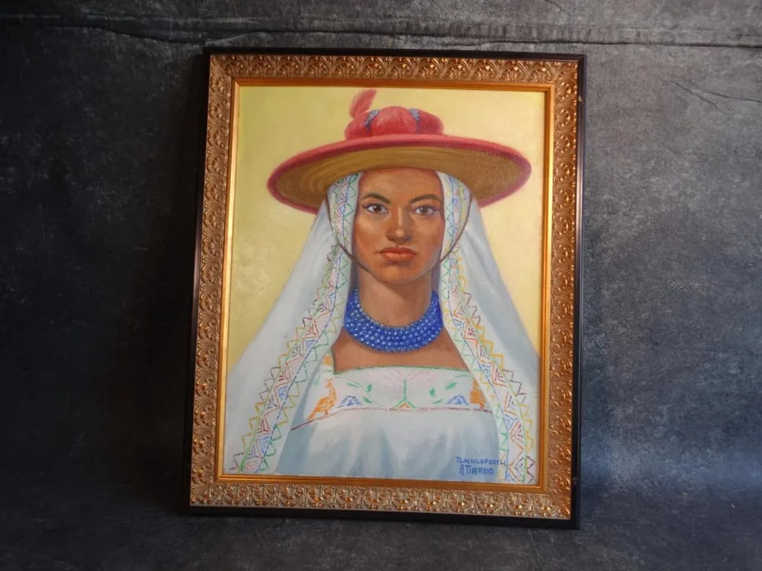 Mid 20th Century Alfonso Tirado Portrait Oil Painting of a Mexican Woman in Traditional Costume - 8