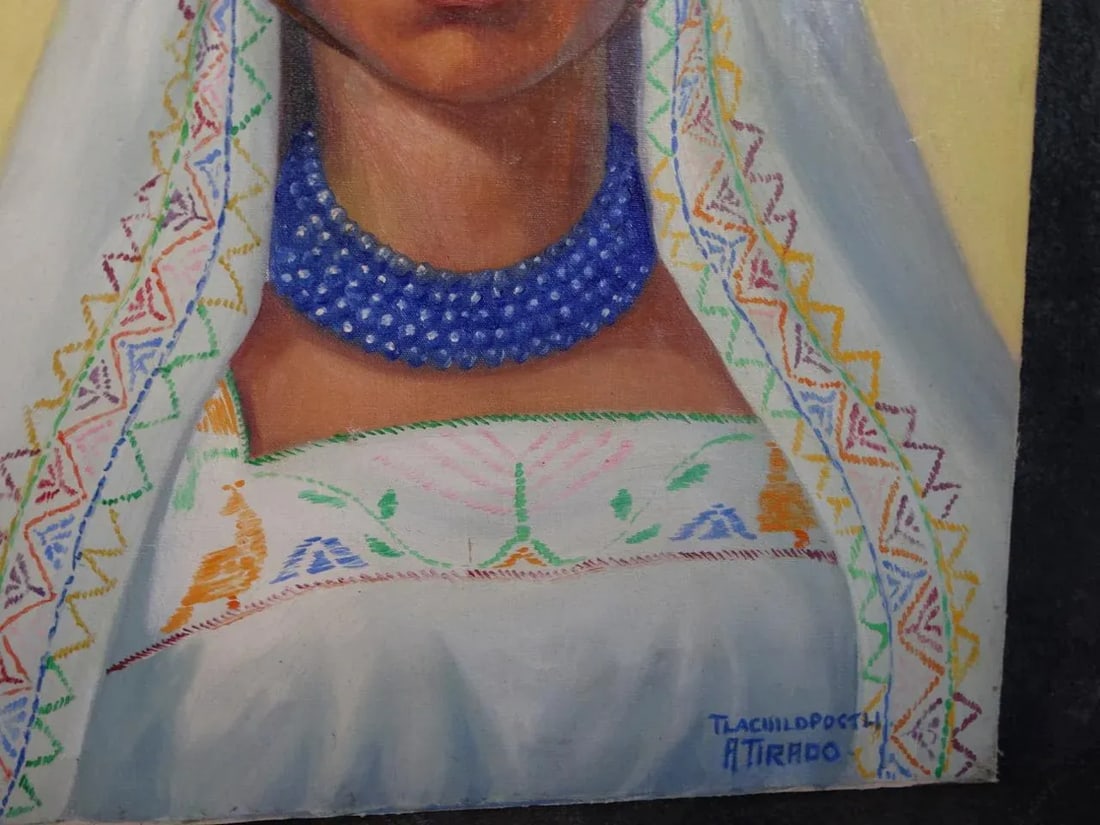 Mid 20th Century Alfonso Tirado Portrait Oil Painting of a Mexican Woman in Traditional Costume - 9