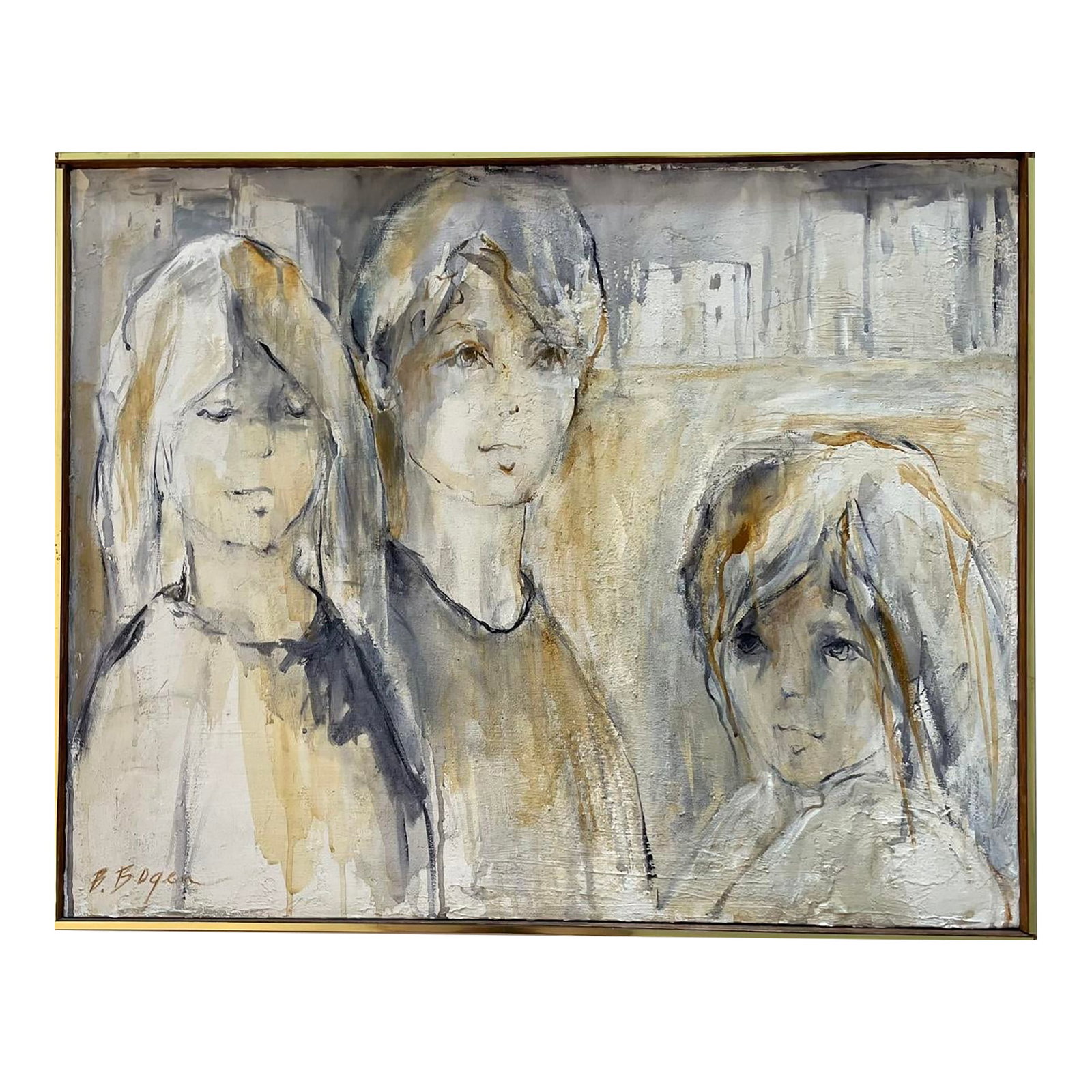 1960s Vintage Original Listed Artist Beverly Bogan Abstract Impressionist Oil Painting 3 Women Mid C: Rare, vintage Mid Century Modern Impressionist Oil painting on canvas, by listed 20th Century modernist artist, Beverly Winston Bogen. This impressionist work of art, featuring 3 women, contoured in m