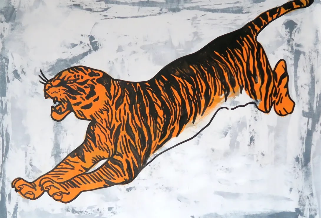 "Tiger Fearless" Contemporary Tiger Portrait Acrylic Painting by Jos De La Paz: "In me the tiger sniffs the rose" 53" x 41" Mixed Media Artist: Jos De La Paz Ships (rolled canvas) Condition: Imperfections: No Imperfections Origin: United States Materials & Techniques: