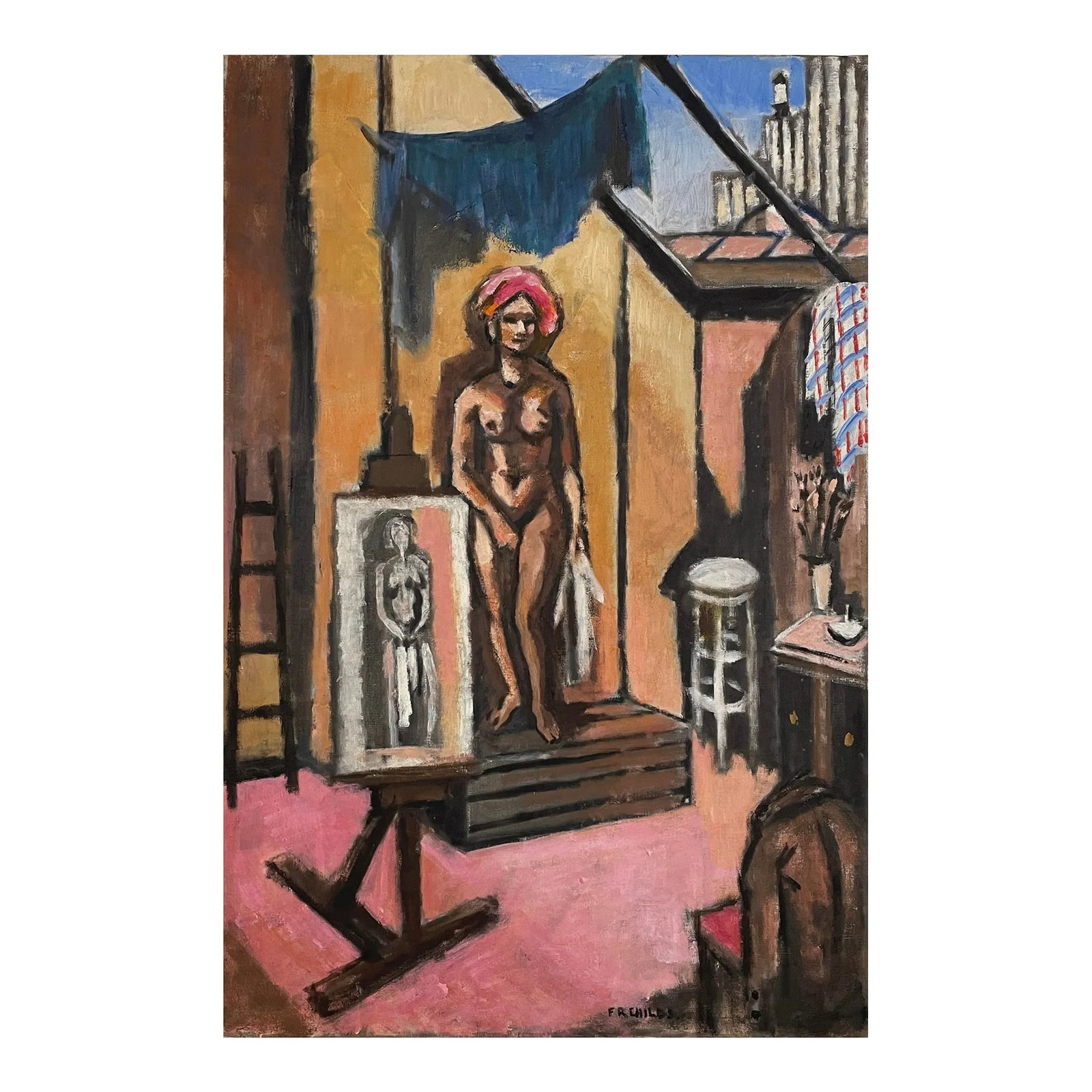 Frederick Robbins Childs (1908-1978) - Expressionist Turbaned Nude Studio Portrait, Signed (Ca. 1955 (1 of 7)