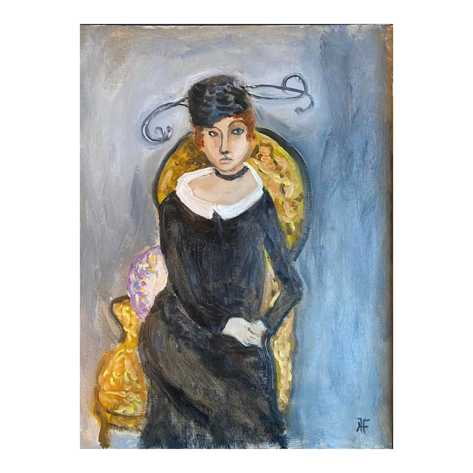 "Portrait of Eloise" Contemporary Original Expressionist Oil Painting by Alice Ford: Portrait of Eloise sitting in her yellow chair which her charming hat. Oil on canvas board. By Artist Alice Ford. Condition: Imperfections: No Imperfections Condition Notes: No imperfections Origin: