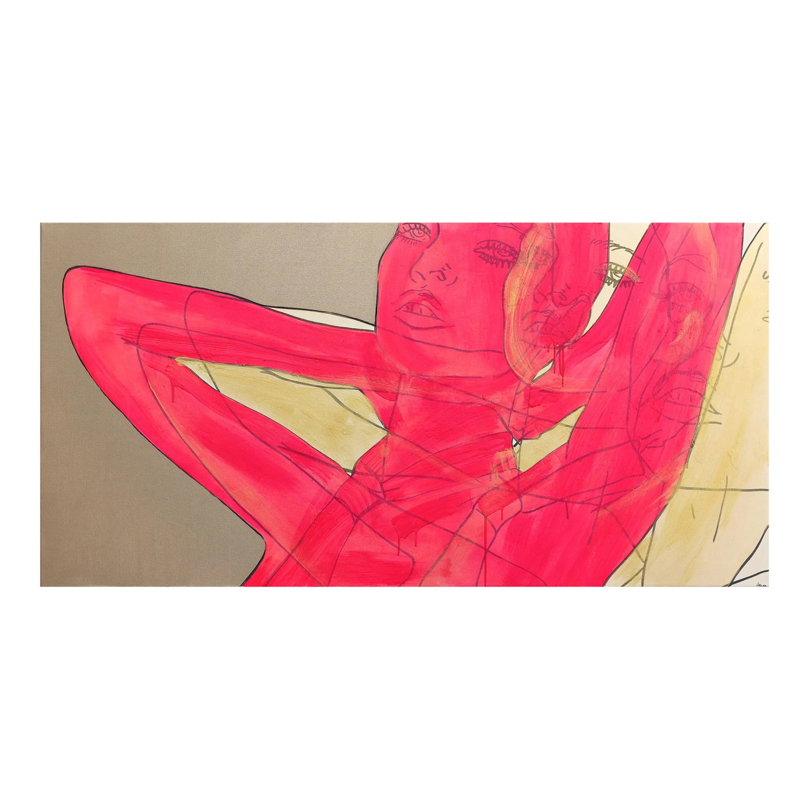 "Untitled (Pink and Gold Tie)" Original Artwork by Hilary Bond: In bold, acrylic line paintings, US artist Hilary Bond depicts the heads and torsos of women, often repeating the image in overlapping compositions. Her contemporary groups of pop culture portraits