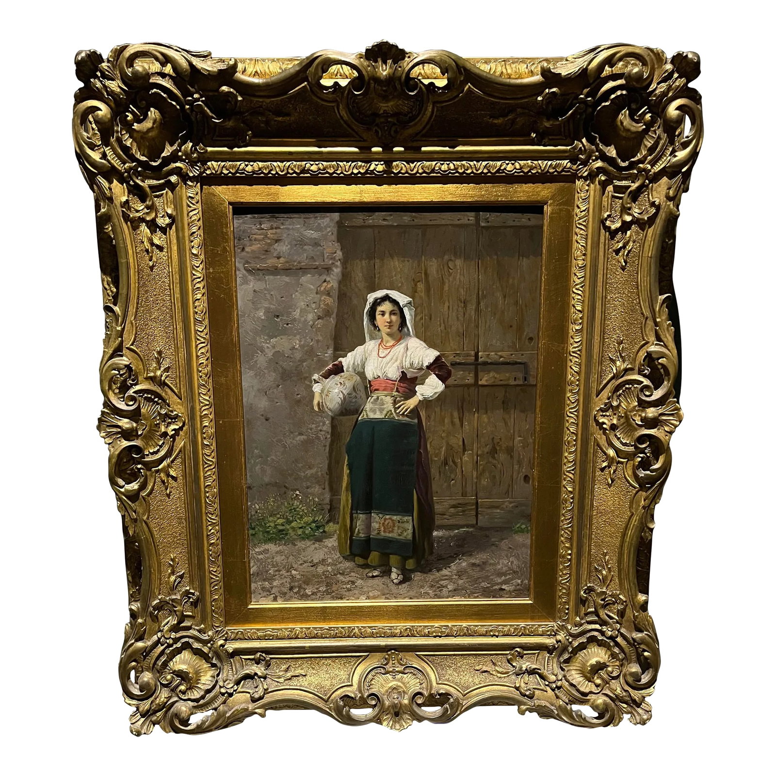 Antique Realist Portrait Oil Painting "The Roman Girl": "Roman Girl" oil painting on canvas by Georgio Grilotti 1857-1880. Beautiful girl posed holding vessel. A very charming painting. Original Frame. Purchased in New Orleans at Rau Galleries and have ori
