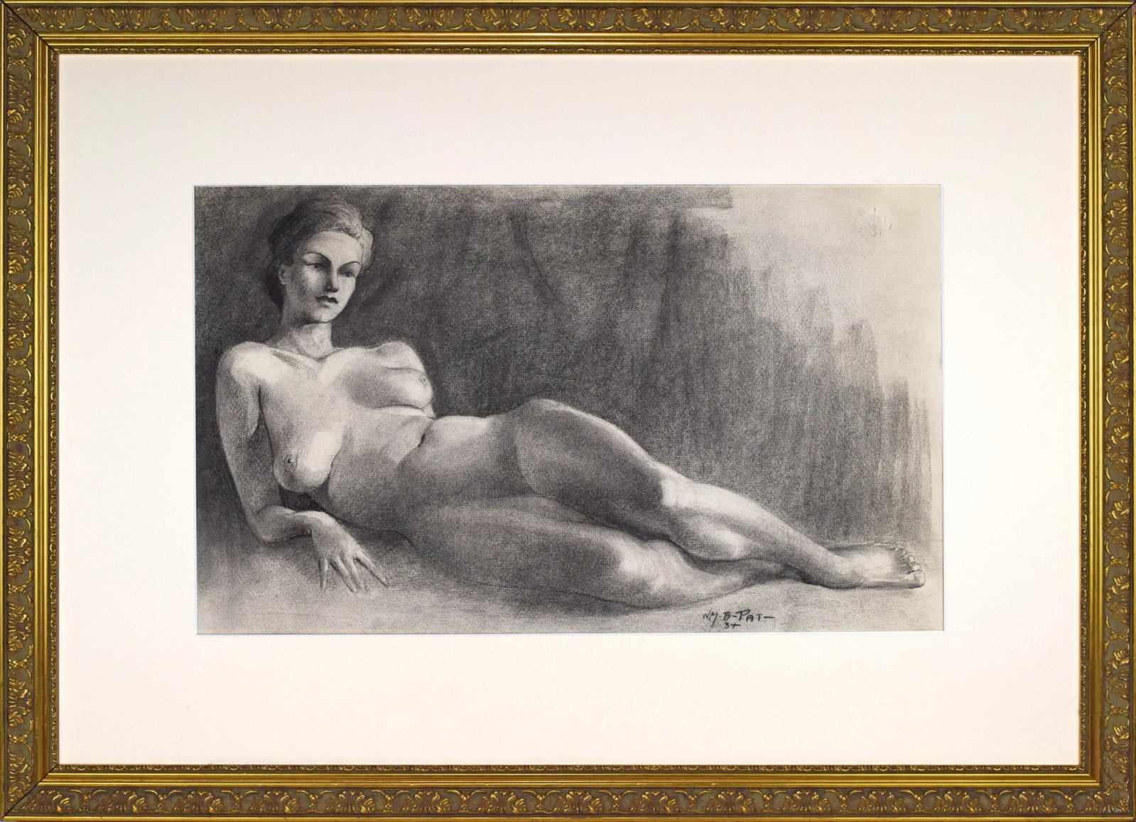 Large Vintage Art Deco Graphite Nude Female Figure Study by Illustrator William B Pattengill 1934: An original vintage Art Deco era female nude figure study by William B. Pattengill. Graphite on paper signed lower right and dated from 1934. Presented matted and in gilt wood frame. William B.