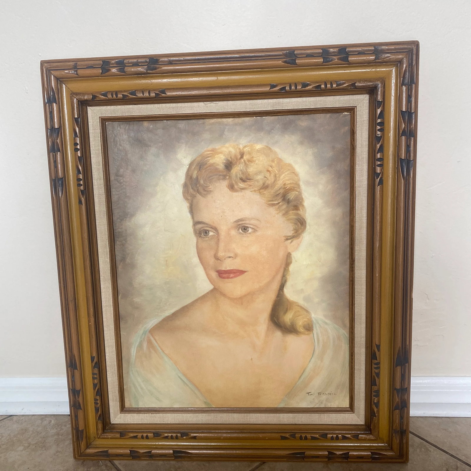 Vintage Hollywood Regency Art Decco Portrait of a Woman Acrylic Painting by Toni Trevoire - 10