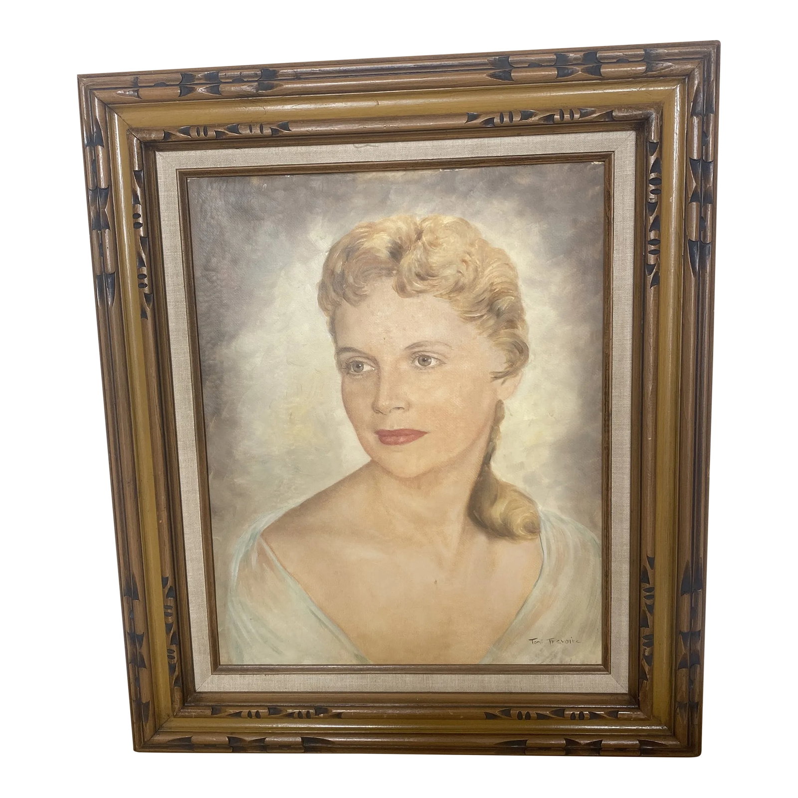 Vintage Hollywood Regency Art Decco Portrait of a Woman Acrylic Painting by Toni Trevoire: Beautiful painted portrait of a woman by artist Toni Trevoire from West Hollywood California. This quality is excellent and the portrait is life like. Meticulously framed in a wood frame. Condition: A