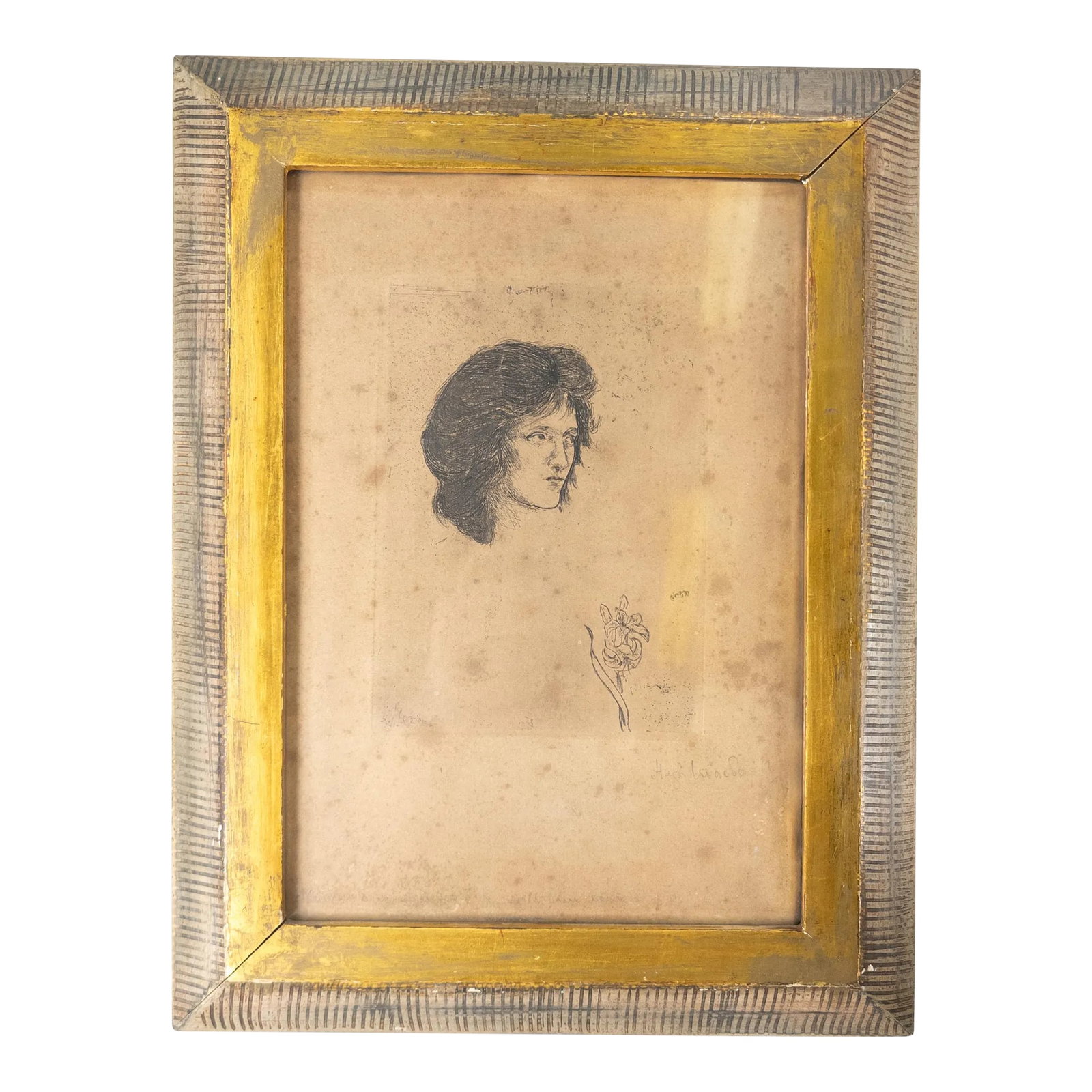 Mid-Century Etching Engraving Print of a Lady Signed Illegibly, Far Gallery Label: We are selling this interesting Etching print of a woman with a pencil signature in the lower right we can't break. The print came from an important estate and the frame retains the old Far Gallery