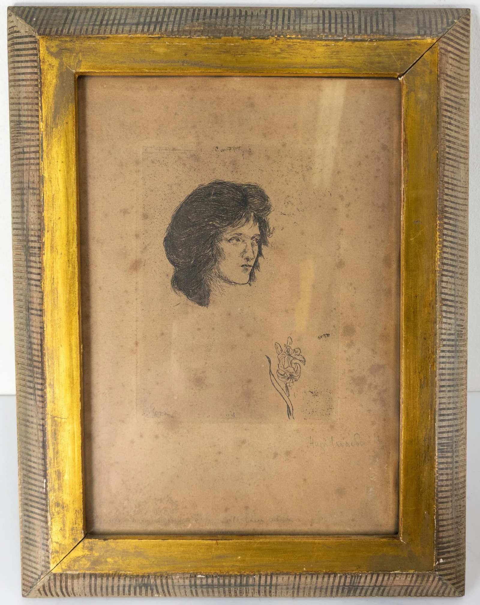 Mid-Century Etching Engraving Print of a Lady Signed Illegibly, Far Gallery Label - 2