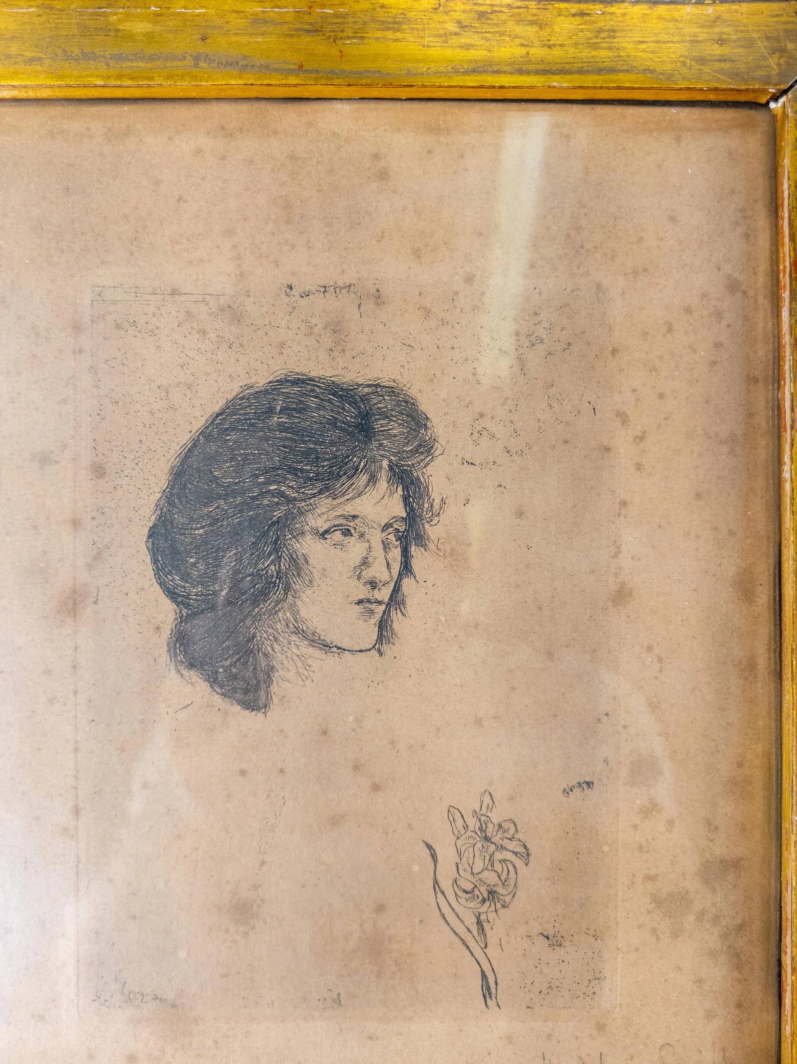 Mid-Century Etching Engraving Print of a Lady Signed Illegibly, Far Gallery Label - 3