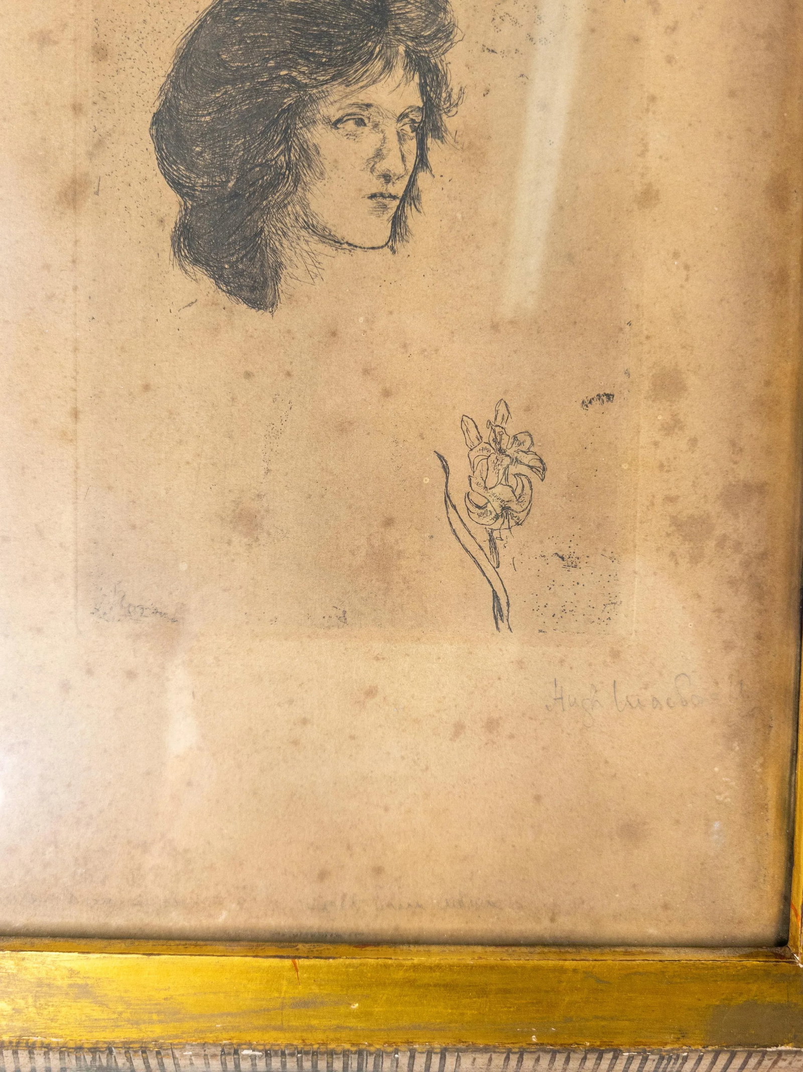 Mid-Century Etching Engraving Print of a Lady Signed Illegibly, Far Gallery Label - 4
