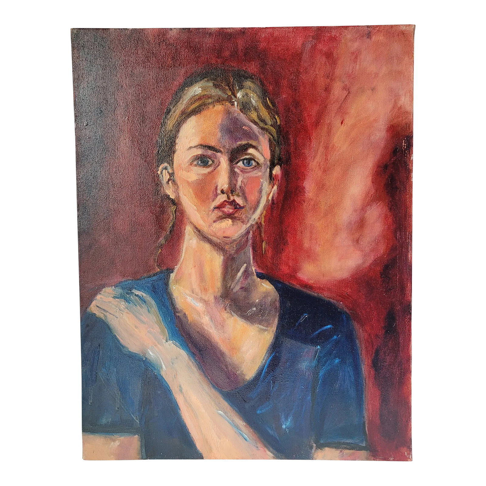 2000s "Woman With Blue Shirt" Expressionist Portrait Oil Painting on Canvas Signed by Rosemary Rabut: Vintage Portrait of "Woman With Blue Shirt" Oil on Canvas Signed 14x18" portrait Oil on stretched canvas Signed on back Artist: Rosemary Rabut Unframed To see more portraits from this artist see my